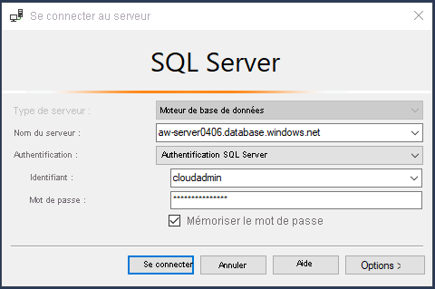 Capture d’écran de la boîte de dialogue de connexion pour SQL Database dans SSMS