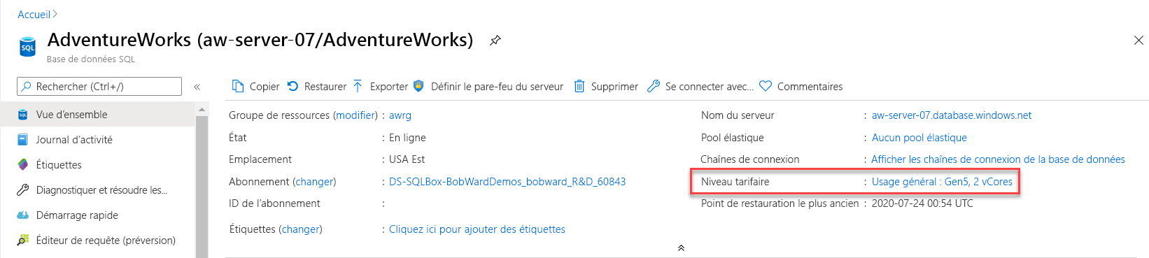 Capture d’écran de la modification du niveau de service dans le portail Azure.