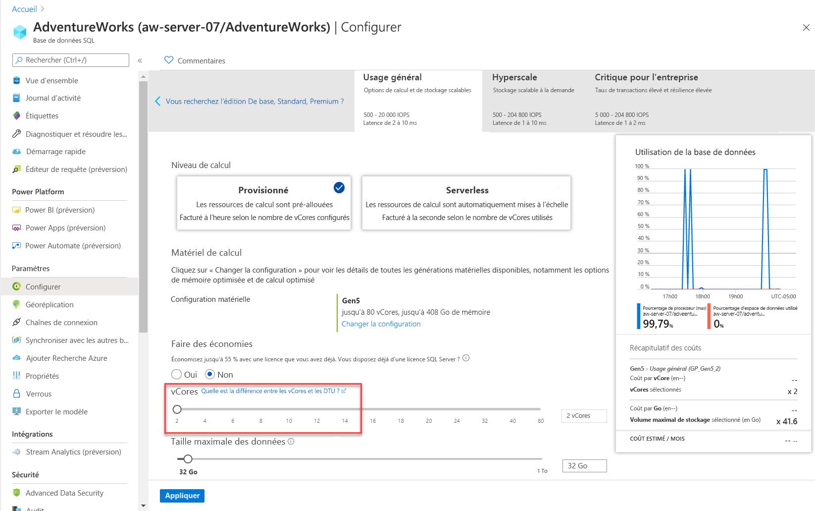 Capture d’écran des options de calcul dans le portail Azure.