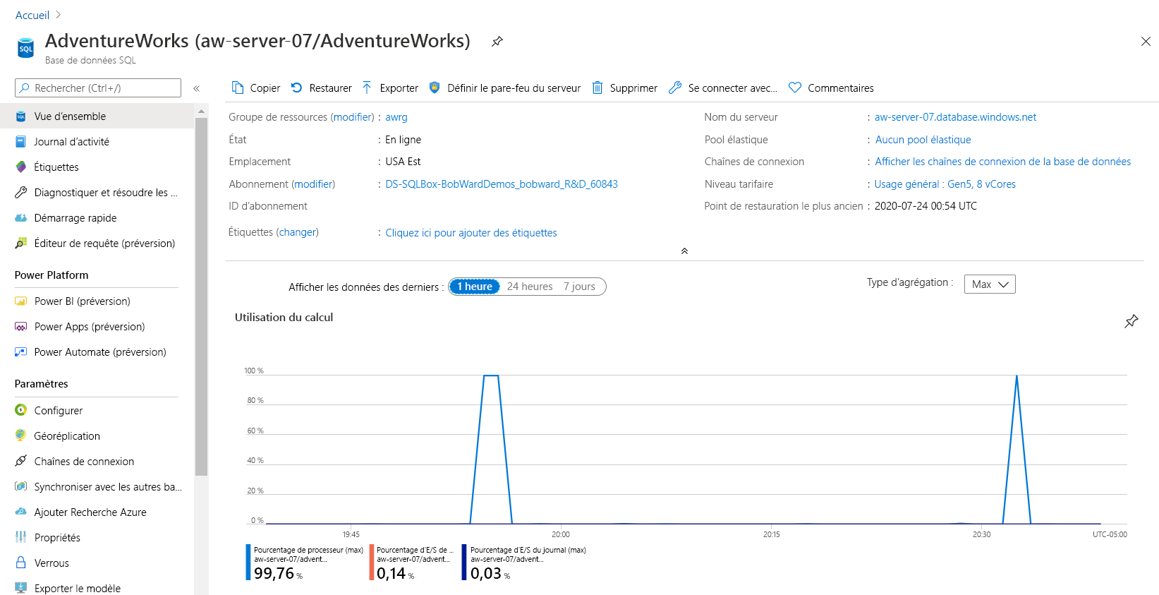 Capture d’écran des comparaisons des calculs dans le portail Azure.