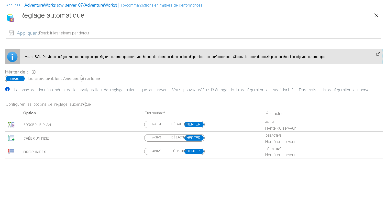 Capture d’écran des options de réglage automatique.