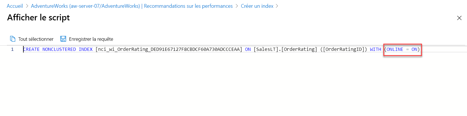 Capture d’écran du script de suggestion d’index.