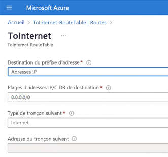 Capture d’écran du menu du portail Azure. L’entrée de menu de table de routage intitulée « ToInternet » met en évidence l’itinéraire par défaut configuré avec Internet comme tronçon suivant.