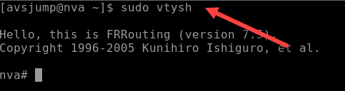 Capture d’écran de l’invite sudo sur la machine virtuelle NVA. Capture d’écran montrant l’exécution de la commande « sudo vtysh ».