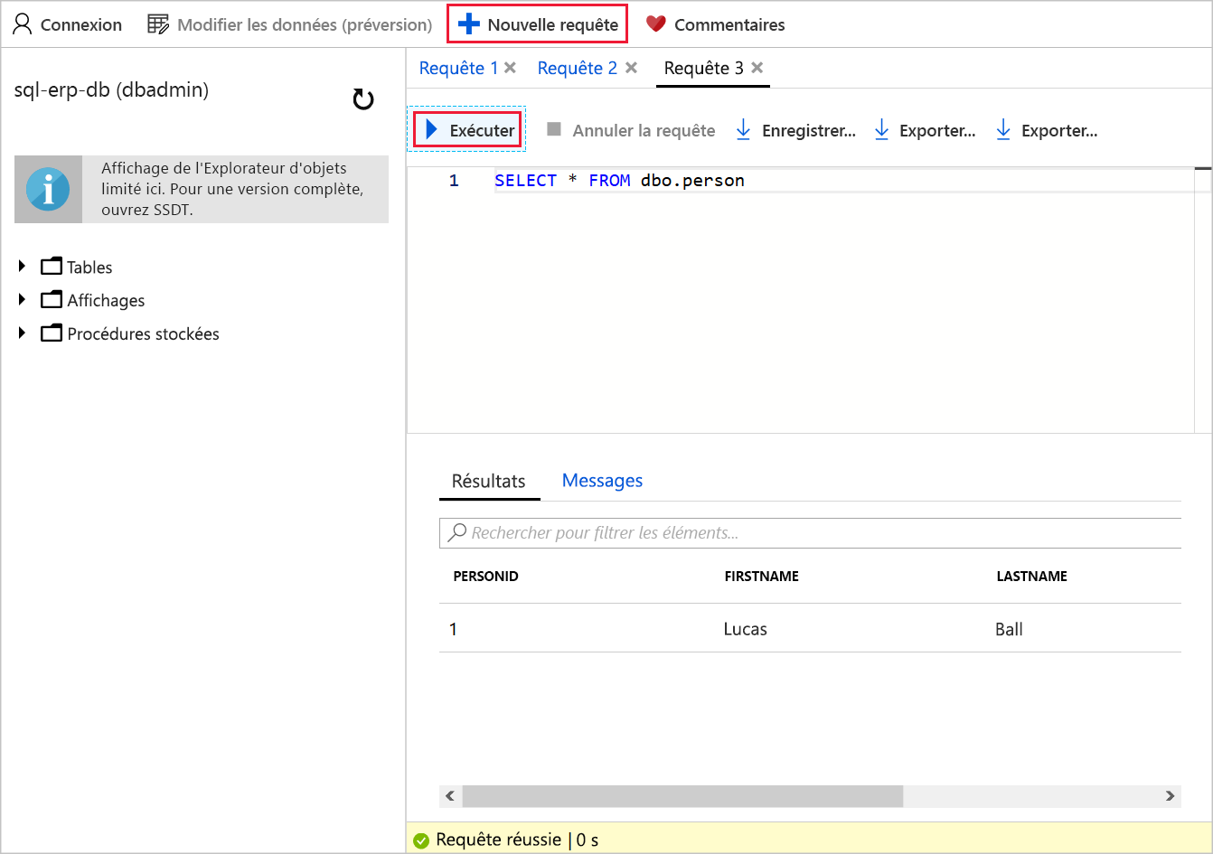 Capture d’écran de l’éditeur de requête avec T-SQL pour interroger la table Person dans la base de données sql-erp-db. Une légende met en évidence le bouton Exécuter.