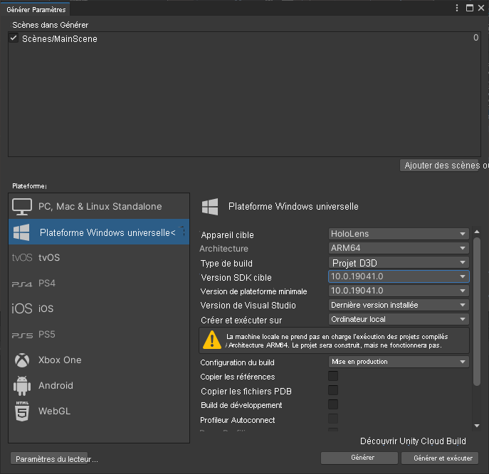 Screenshot of the Unity build settings window with the main scene and universal windows platform options highlighted.