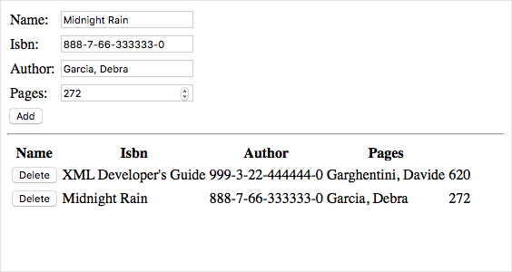 Capture d’écran de la page web des livres avec l’exemple de données complété.