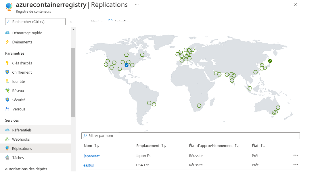 Capture d’écran de la carte mondiale des registres de conteneurs Azure Container Registry montrant les emplacements répliqués et disponibles.