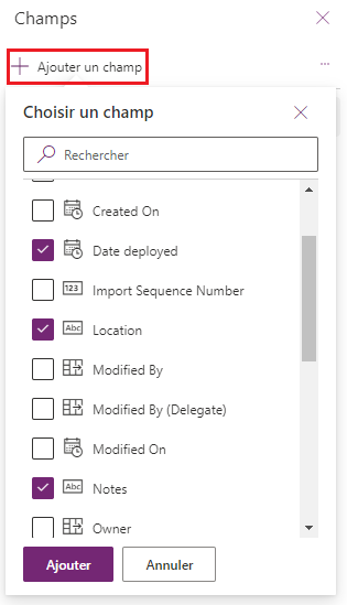 Capture d’écran de la boîte de dialogue Champs avec le bouton + Ajouter un champ mis en évidence et plusieurs cases cochées en regard des colonnes que nous souhaitons ajouter à la vue. 