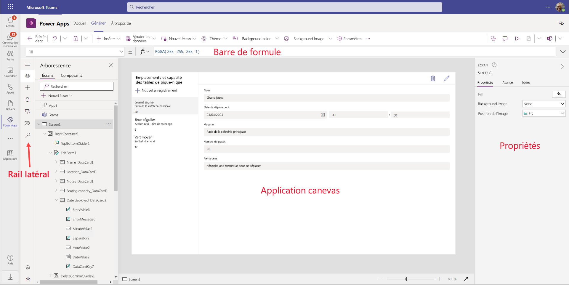 Capture d’écran de Power Apps Studio, qui permet d’apporter des modifications.