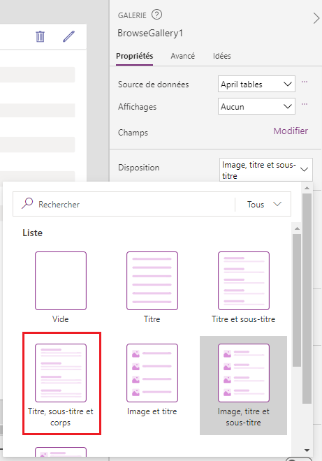 Capture d’écran des options de disposition de galerie avec l’option Titre, sous-titre et corps sélectionnée. 
