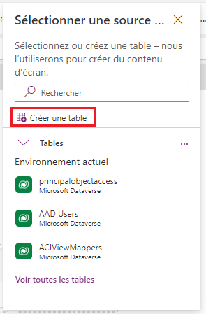 Capture d’écran de la boîte de dialogue Sélectionner une source de données avec le bouton Créer une table mis en évidence.