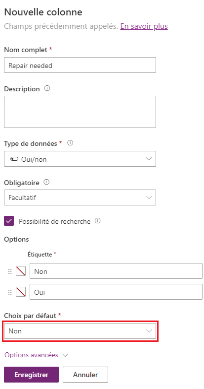 Capture d’écran de l’ajout d’une colonne Oui/Non mettant en évidence le champ Choix par défaut défini sur Non.
