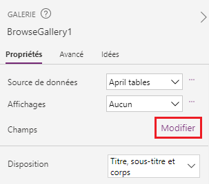 Capture d’écran du volet Propriétés de la galerie avec le bouton Modifier mis en évidence sous Fields. 