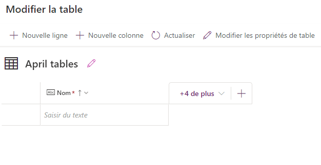 Capture de l’écran Modifier la table illustrant l’en-tête de modification et la table vide.