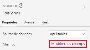 Capture d’écran illustrant le volet Propriétés du formulaire de modification et le bouton Modifier les champs mis en évidence. 
