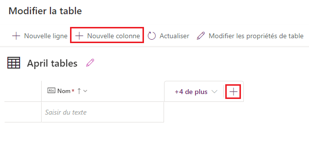 Capture de l’écran Modifier la table mettant en évidence les boutons + Nouvelle colonne.