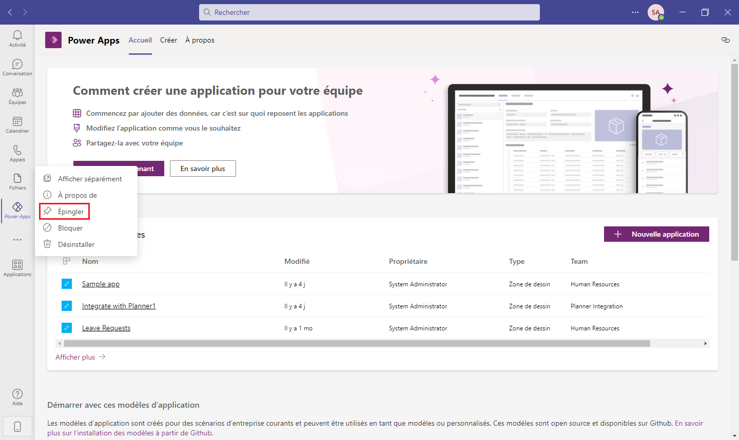 Capture d’écran de l’épinglage de Power Apps dans le rail latéral.