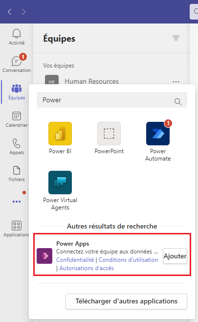 Capture d’écran de la fenêtre contextuelle de sélection d’application dans Teams.