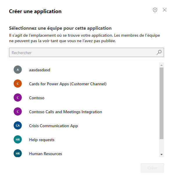 Capture d’écran de la fenêtre contextuelle Sélectionner une équipe pour cette application.