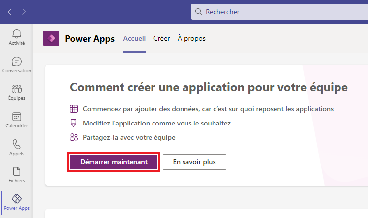 Capture d’écran du menu de l’écran d’accueil Power Apps avec le bouton Démarrer maintenant cliqué.