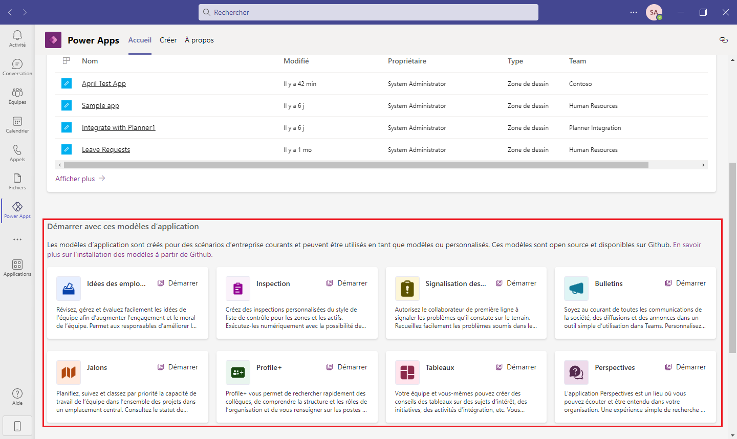 Capture d’écran de l’offre d’applications modèles Teams.