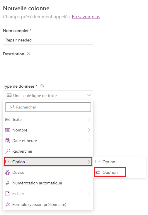 Capture d’écran de l’ajout d’une colonne Oui/Non avec les options Choix et Oui/Non mises en évidence.