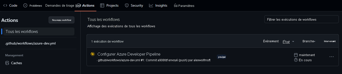 Capture d’écran montrant un workflow GitHub Actions en cours d’exécution.