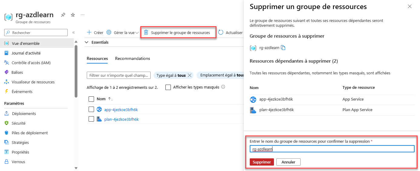 Capture d’écran montrant comment supprimer un groupe de ressources.