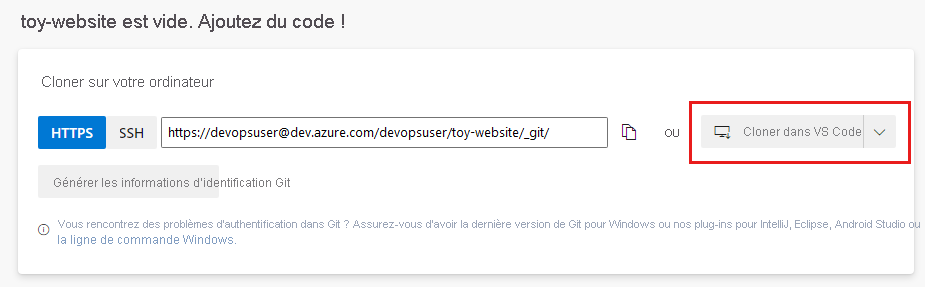 Capture d’écran montrant les paramètres du dépôt avec mise en évidence du bouton Cloner dans VS Code.