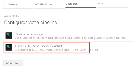 Capture d’écran qui montre l’option Fichier YAML Azure Pipelines existant mise en évidence.