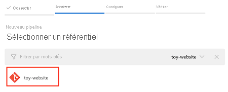 Capture d’écran qui montre l’onglet Configurer votre pipeline avec le dépôt toy-website sélectionné.