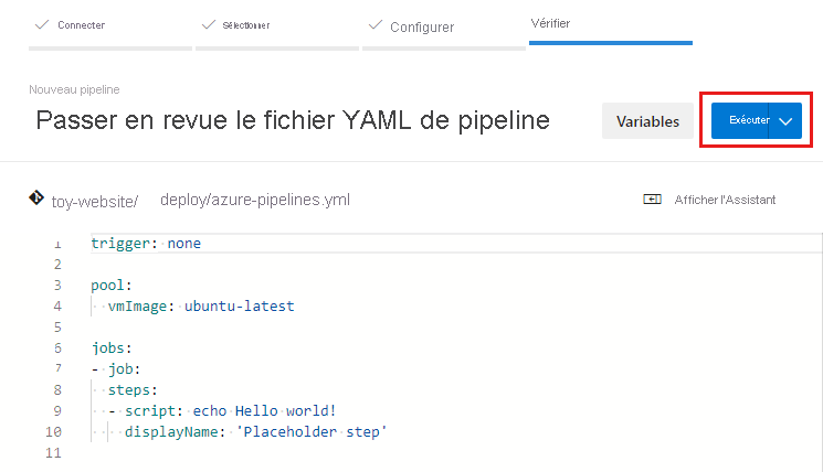 Capture d’écran qui montre l’étape de vérification du flux de création du pipeline avec mise en évidence du bouton Exécuter.