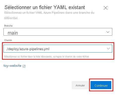 Capture d’écran de la page Sélectionner un fichier YAML existant dans Azure DevOps, avec le chemin d’accès défini sur le fichier de pipeline et le bouton Continuer en surbrillance.