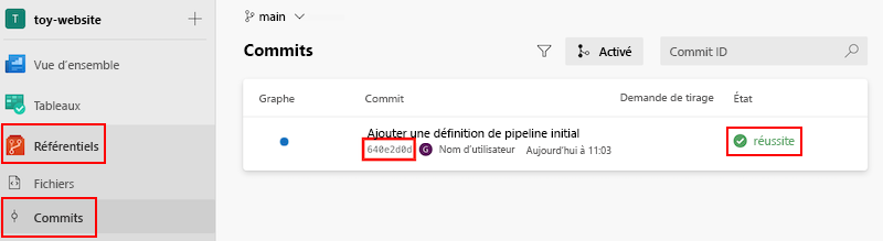 Capture d’écran qui montre le volet des commits avec mise en évidence de l’identificateur de commit et de l’état de réussite.