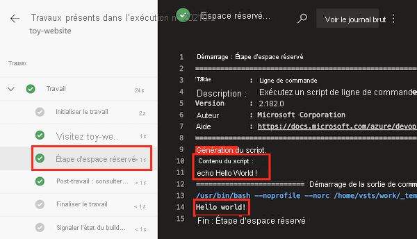 Capture d’écran qui montre le journal des travaux du pipeline avec mise en évidence de l’étape d’espace réservé et affichage des détails.