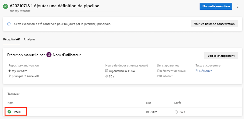 Capture d’écran qui montre le pipeline, avec le travail à l’état Réussite et le nom du travail mis en évidence.