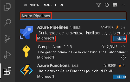 Capture d’écran du menu Extensions de Visual Studio Code avec mise en évidence de l’extension « Azure Pipelines » de Microsoft et du bouton Installer.