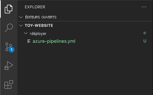 Capture d’écran de l’Explorateur de Visual Studio Code montrant le dossier deploy ainsi que le fichier azure-pipelines point Y M L, qui vient d’être créé.