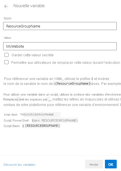 Capture d’écran d’Azure DevOps qui illustre la création d’une variable.