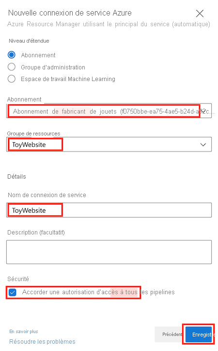 Capture d’écran d’Azure DevOps montrant la page « Créer une connexion de service », avec les détails remplis et le bouton Suivant en évidence.