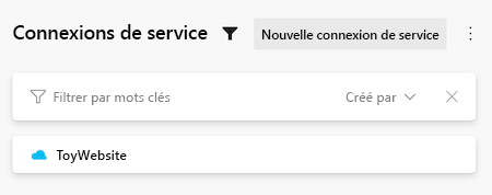 Capture d’écran Azure DevOps montrant la liste des connexions de service, avec la connexion de service ToyWebsite incluse.