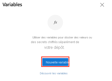 Capture d’écran d’Azure DevOps avec l’éditeur de variable de pipeline, avec le bouton Nouvelle variable en surbrillance.