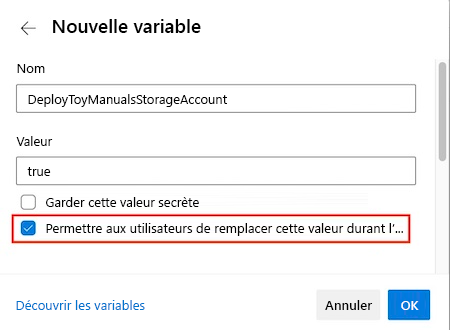 Capture d’écran d’Azure DevOps montrant l’éditeur de variables du pipeline.