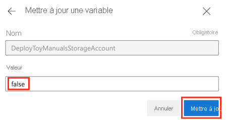 Capture d’écran d’Azure DevOps montrant l’éditeur de variable Exécuter le pipeline, avec le bouton Mettre à jour en surbrillance.