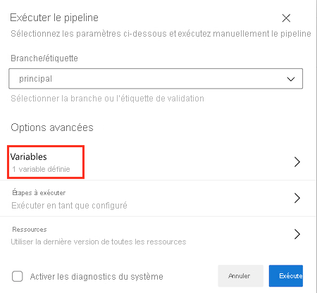 Capture d’écran d’Azure DevOps montrant la page Exécuter le pipeline, avec l’élément de menu Variables en surbrillance.