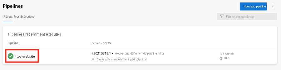 Capture d’écran d’Azure DevOps montrant la liste des pipelines, avec le pipeline toy-website en surbrillance.