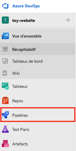 Capture d’écran d’Azure DevOps montrant le menu, avec Pipelines en évidence.
