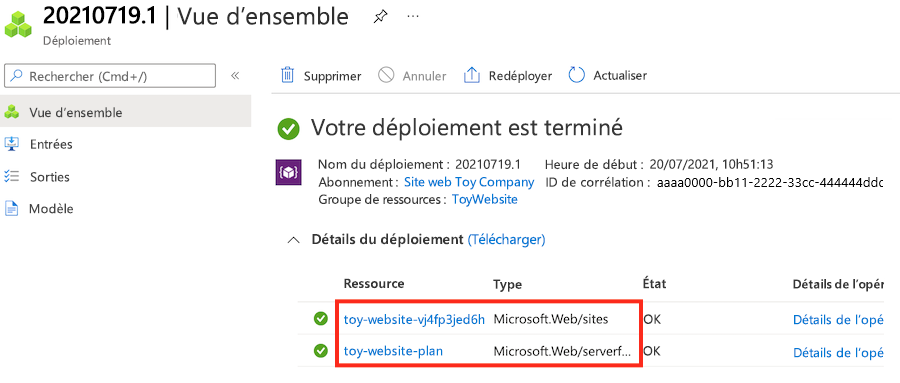 Capture d’écran du portail Azure avec les détails du déploiement du groupe de ressources et les ressources App Service mises en surbrillance.