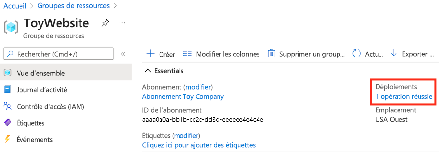 Capture d’écran du portail Azure montrant le groupe de ressources avec un déploiement réussi.